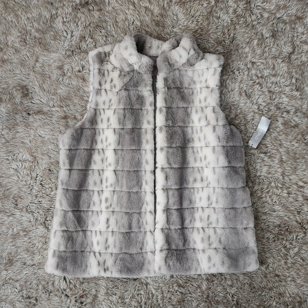Chico's‎ Snow Cat Faux Fur Quilted Vest Feather Stone Gray Women's Size Large